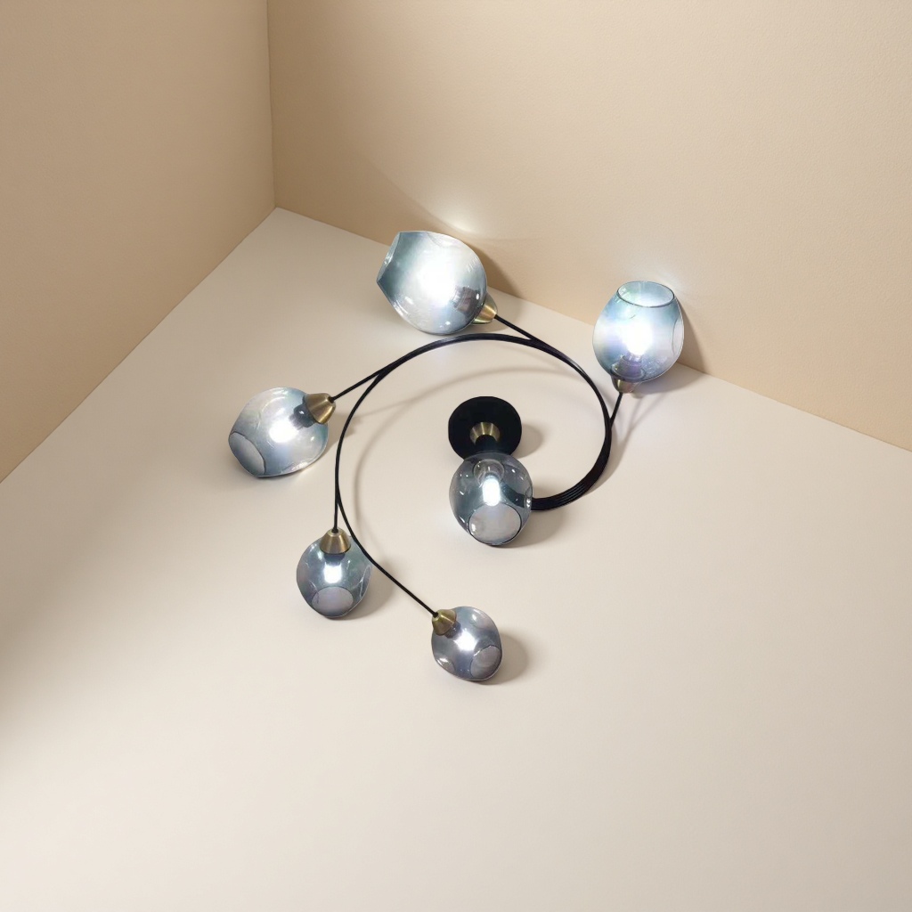 Five black spiral bracket chandeliers with blue and gray gradient glass lampshades Application Scenario