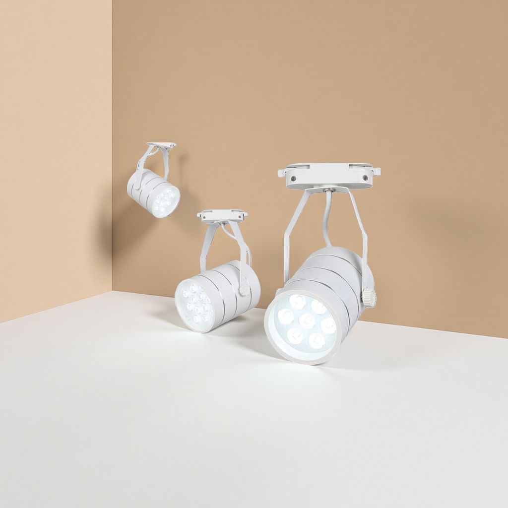 White track spotlights with an aluminum alloy housing, 12W dimming and color adjustment, for commercial living room lighting