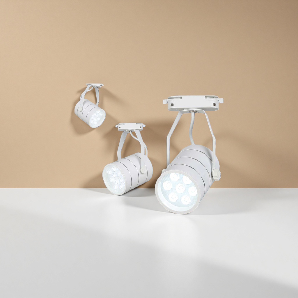 White track spotlights with an aluminum alloy housing, 12W dimming and color adjustment, for commercial living room lighting Application Scenario