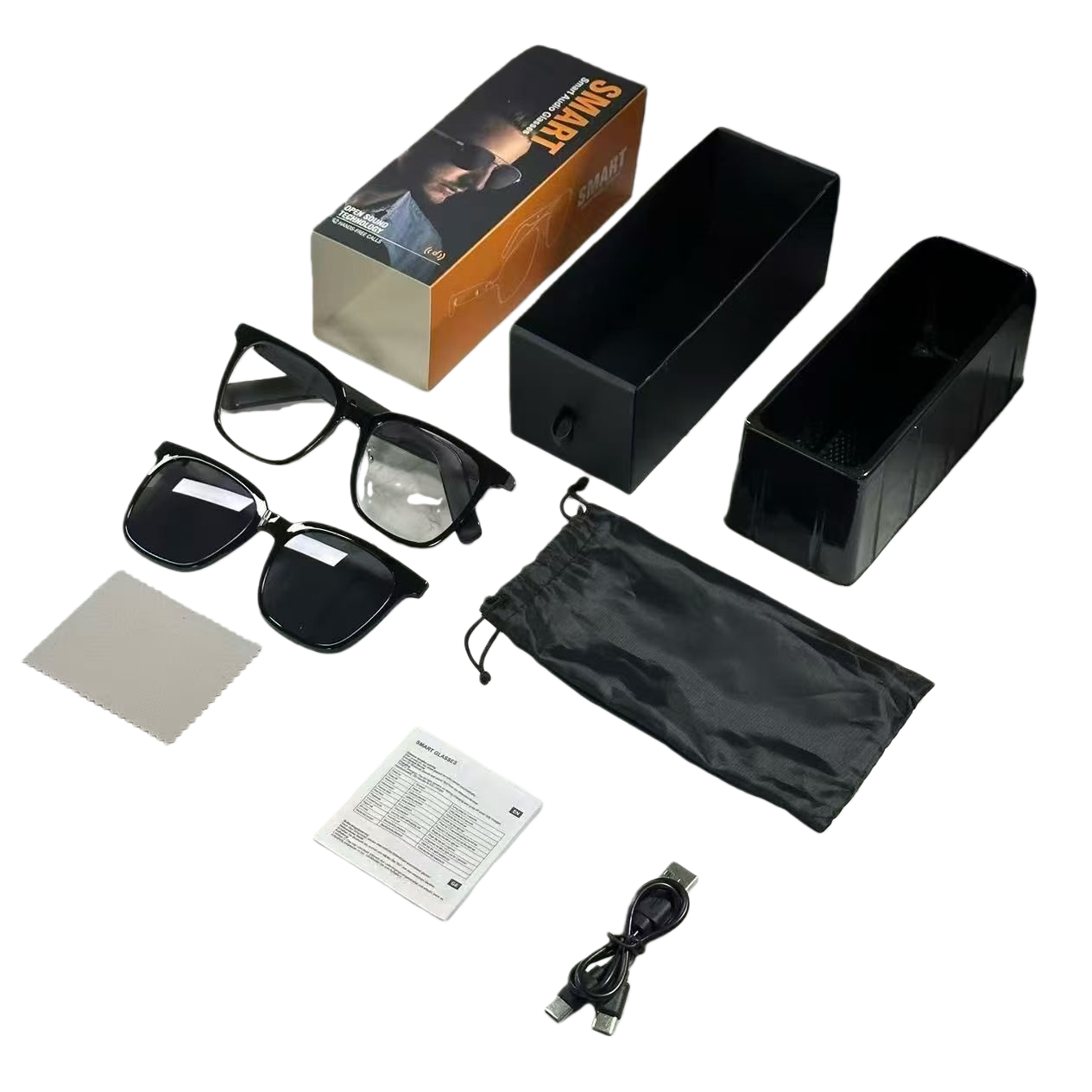 The black smart glasses and accessories support Bluetooth calls, high-definition video recording and have a long battery life Item Picture