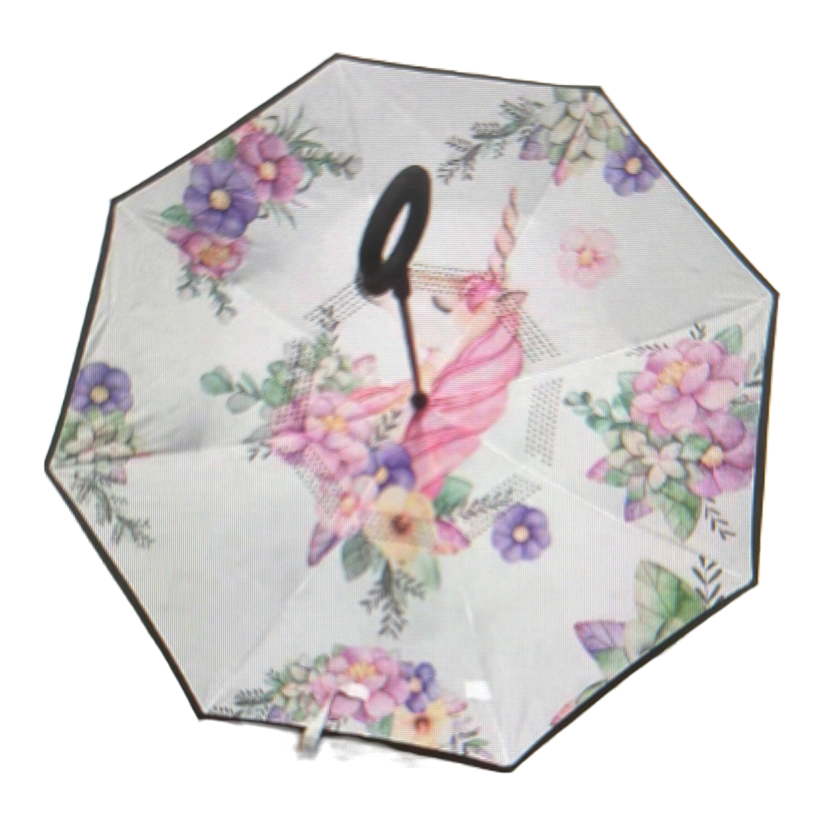 彩色花卉独角兽图案雨伞白底实物图