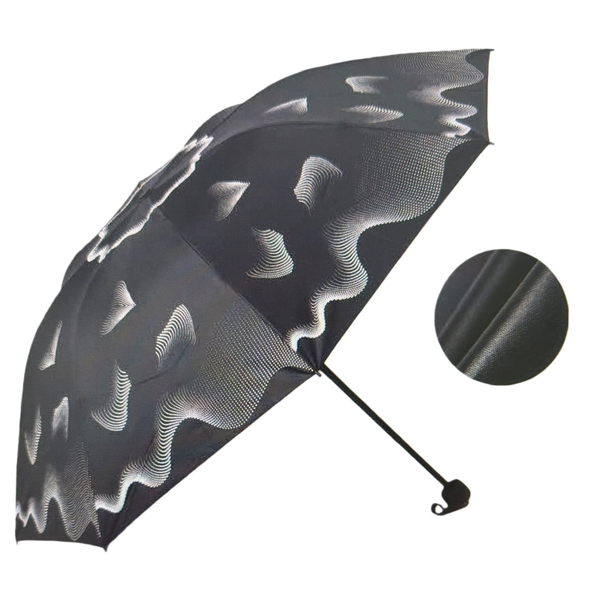 The black wavy pattern all-weather umbrella is waterproof, sun-proof, sunshade and foldable for portability Item Picture
