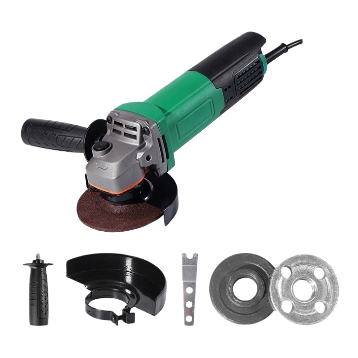 The green and black Angle grinder has an industrial-grade metal casing and is a handheld grinding tool Item Picture