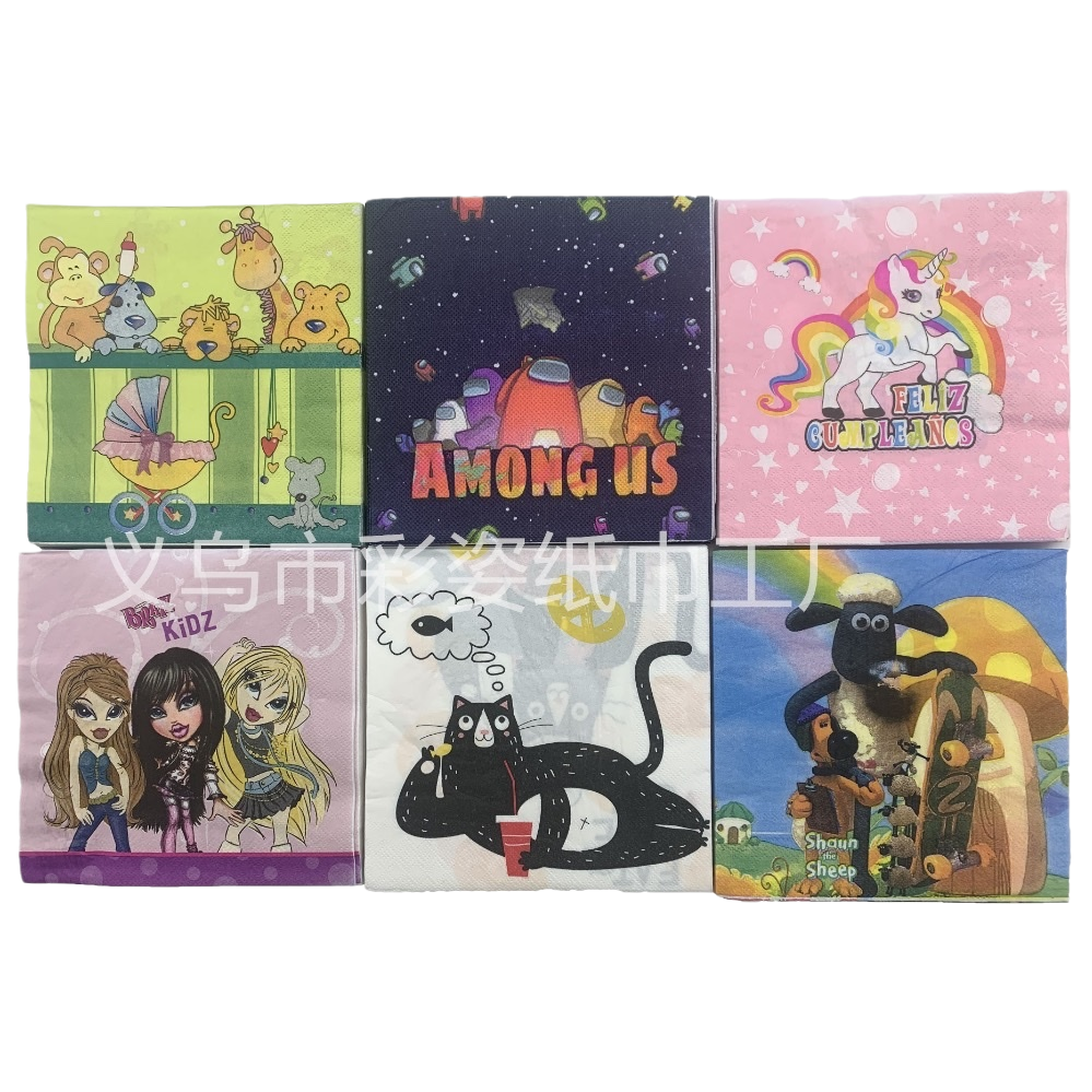 Six cartoon pattern animals on colored tissues AmongUs Unicorn Bratz Black Cat ShauntheSheep Item Picture