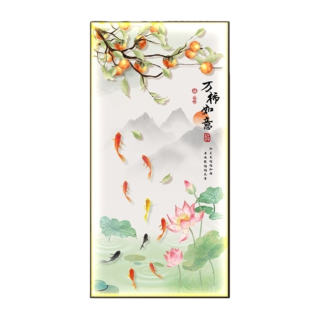 Vertical wall hanging of ink-wash painting style persimmon swimming fish lotus decorative painting, calligraphy of "Ten Thousand persimmons as One Wishes", distant mountains and clouds Item Picture