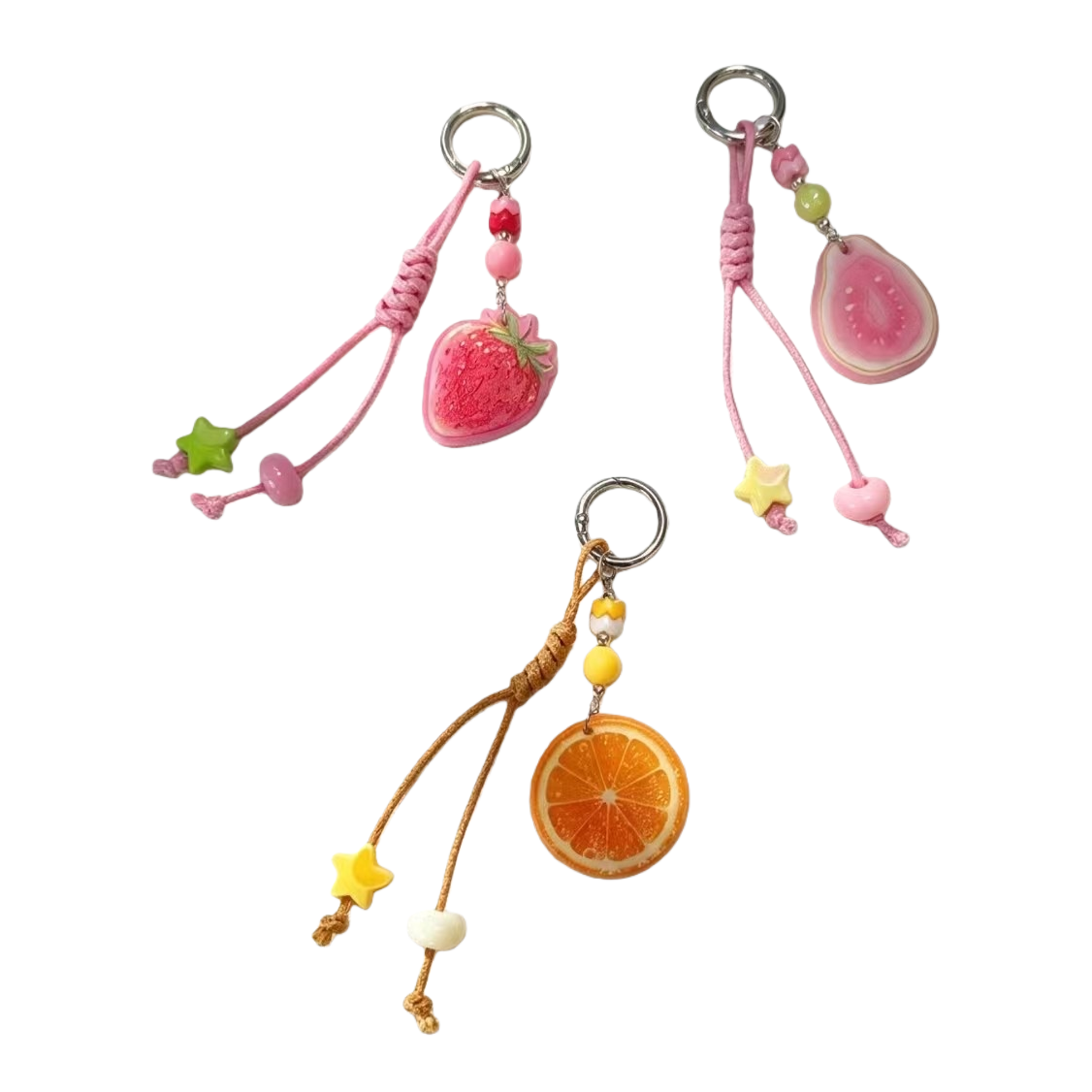 Pink strawberry pitaya, orange orange-shaped fruit-themed keychain, colorful beads and star-shaped pendant Item Picture