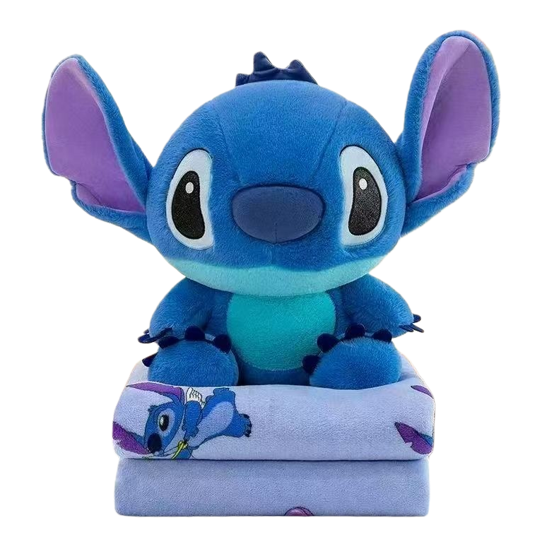 Blue Stitch plush toy with purple printed towel for sitting position Item Picture