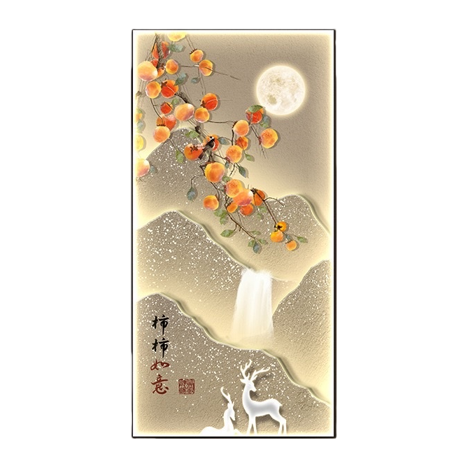Luminous landscape painting decorative painting: Orange persimmons hanging on the branches, bright moon, mountains, waterfalls, white deer, cranes, and everything going well Item Picture