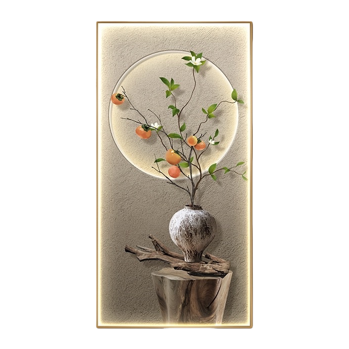Chinese-style artistic conception luminous decorative painting: persimmon branches, earthenware jars, wooden stakes, grey walls, circular halos Item Picture