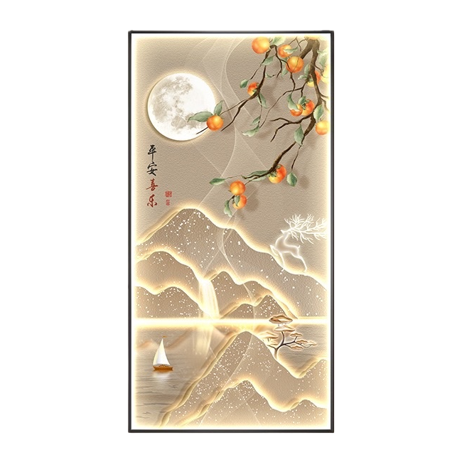 The main subjects of the luminous landscape painting are the bright moon, persimmon branches, distant mountains, small boats, cranes and bamboo shadows Item Picture