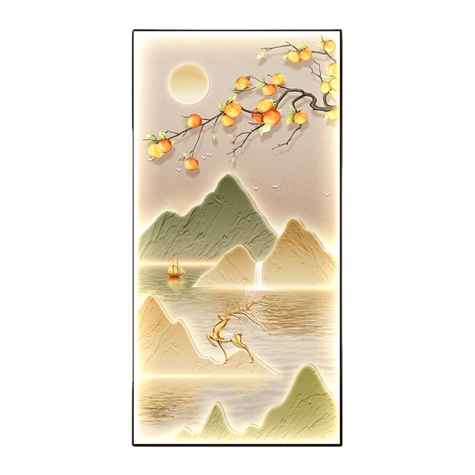Luminous landscape paintings, decorative paintings, persimmon branches, green mountains, small boats, flying deer, moon, flying birds, relief art Item Picture