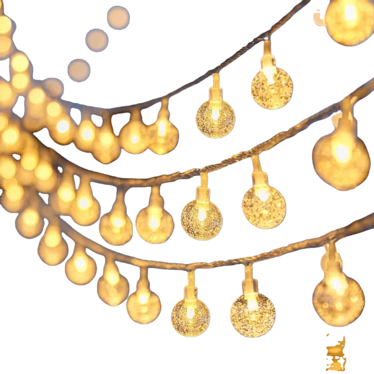 Golden spherical light strings decorate the festive atmosphere with warm LED lights that are suitable for both indoor and outdoor use Item Picture