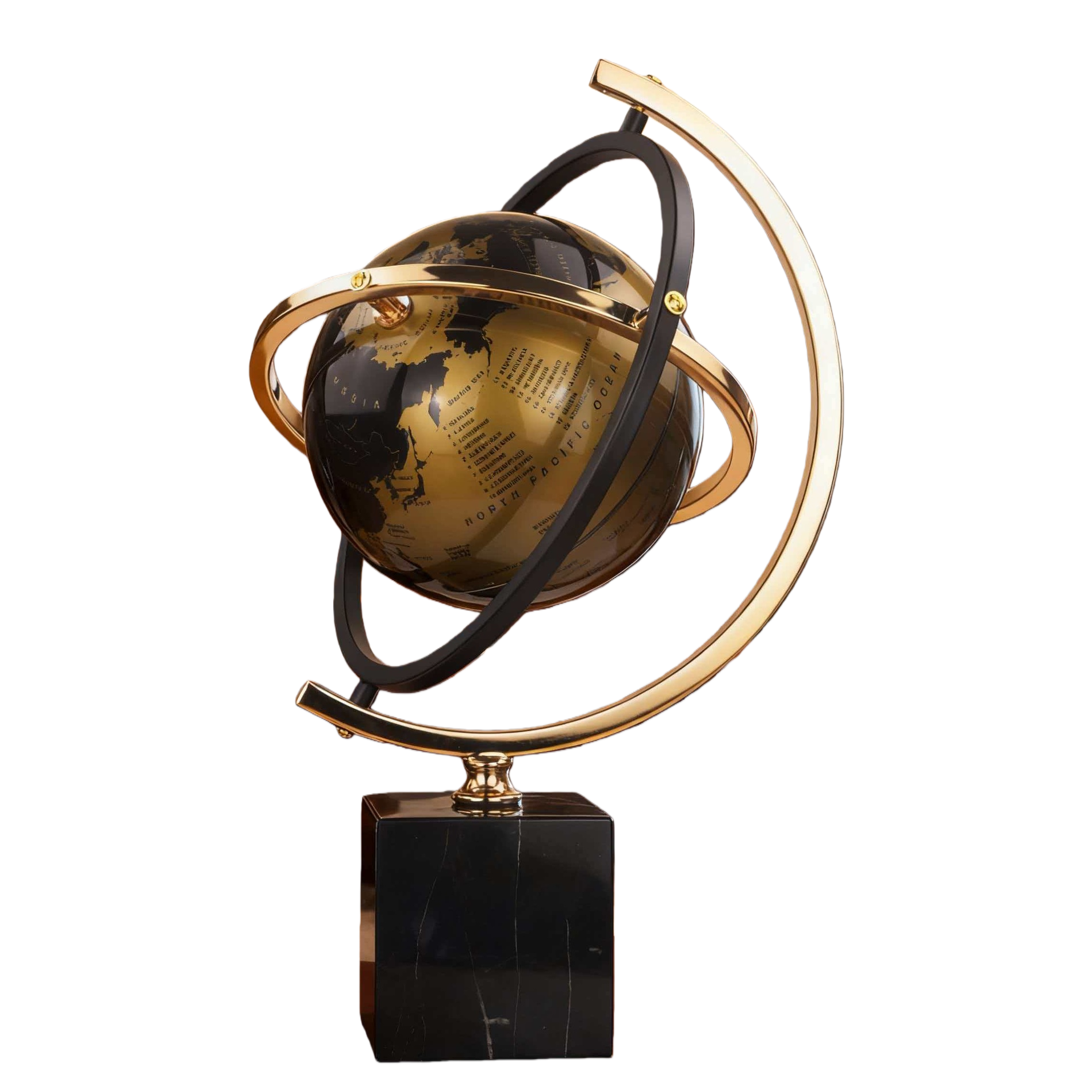 A golden globe sculpture with a black marble base is a decorative item for display in the living room, study and office desk Item Picture