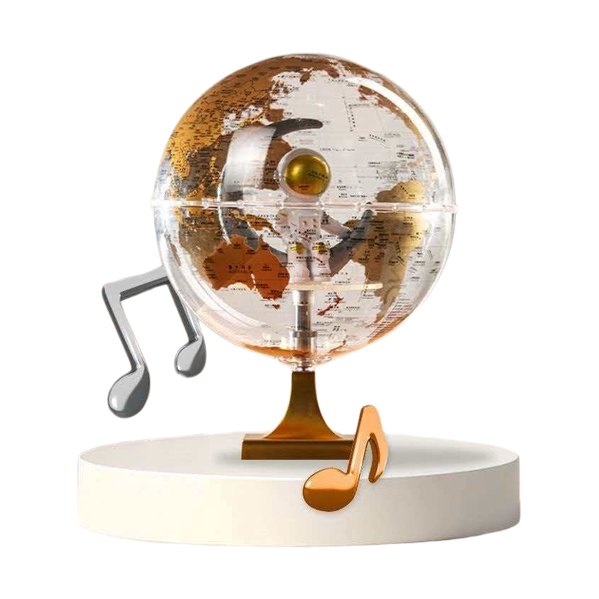 A transparent spherical globe with a golden base and a metallic texture as a desktop decoration Item Picture