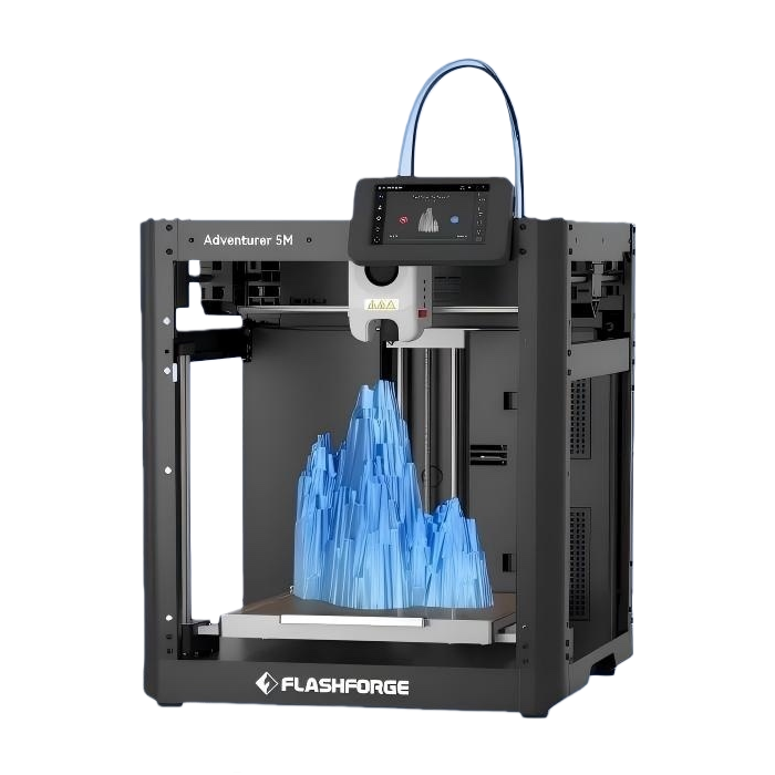 黑色3D打印机主体，带有蓝色打印件和屏幕显示白底实物图