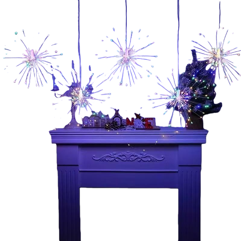 Colorful fireworks and lighting fixtures are decorative lights above the suspended fireplace Item Picture