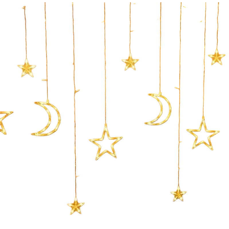 Warm yellow star and moon-shaped string lights for decorative atmosphere lighting, suitable for both indoor and outdoor use Item Picture