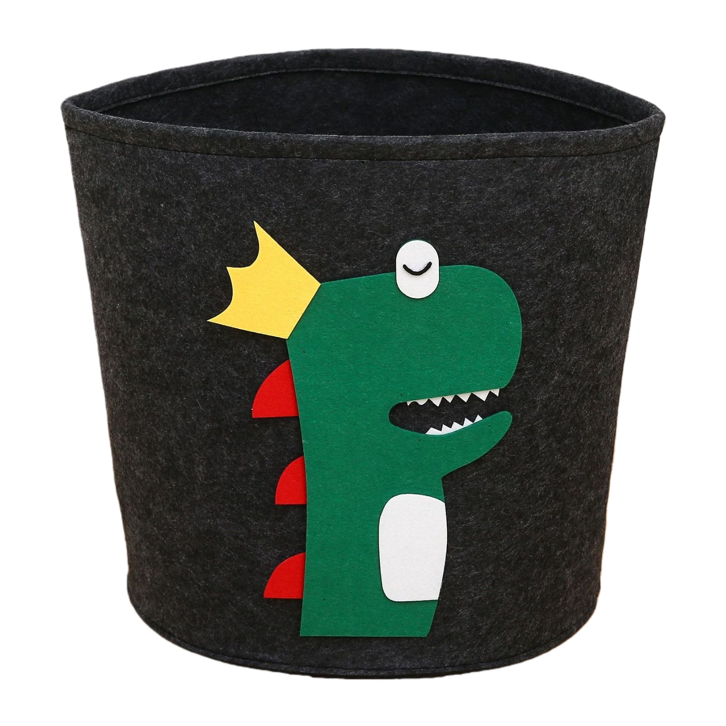 Black felt storage bucket, green cartoon dinosaur pattern, yellow crown, red dorsal fin, white abdomen, single eye smiling Item Picture
