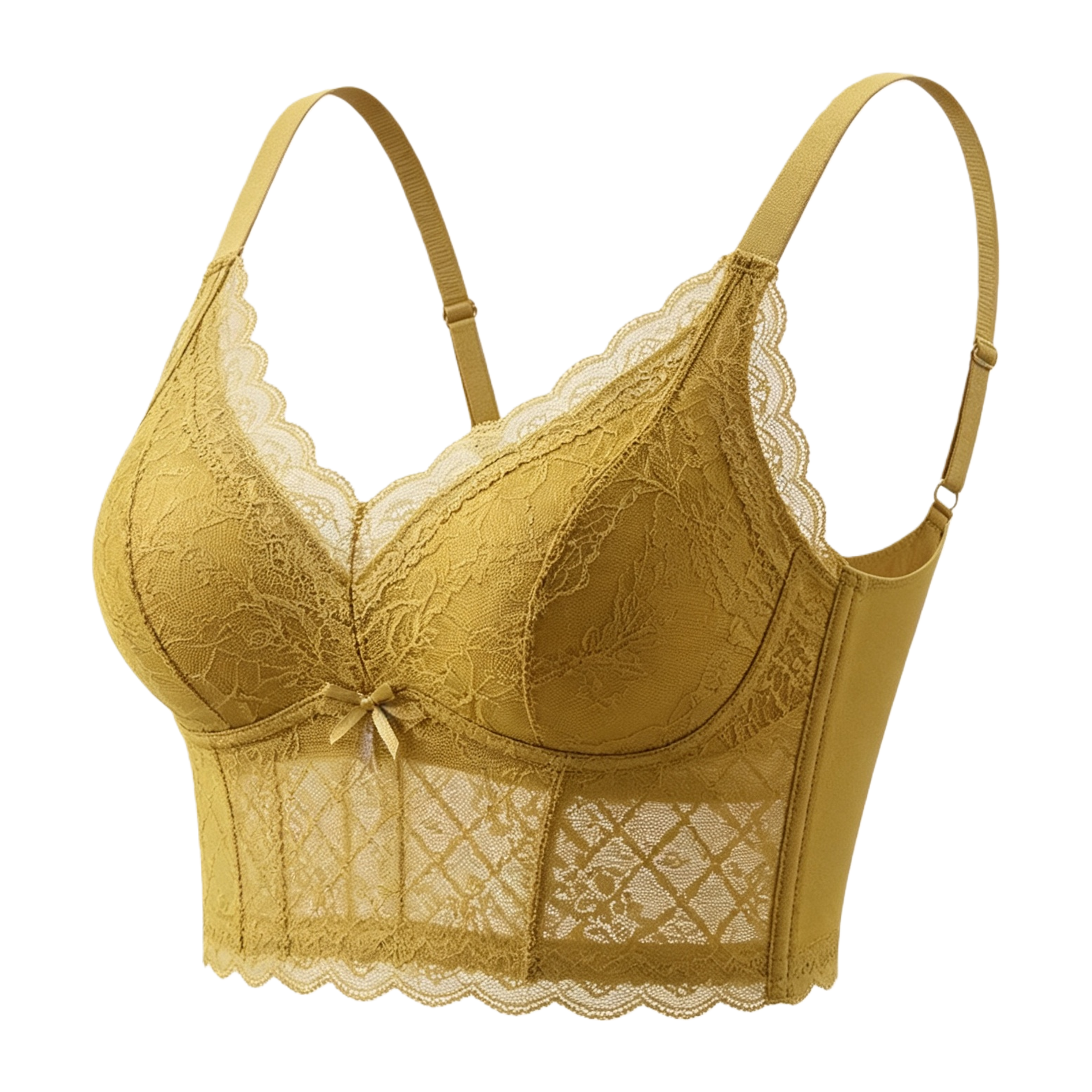 Mustard yellow lace-up bra for women is a comfortable and breathable undergarment that makes the small chest look larger Item Picture