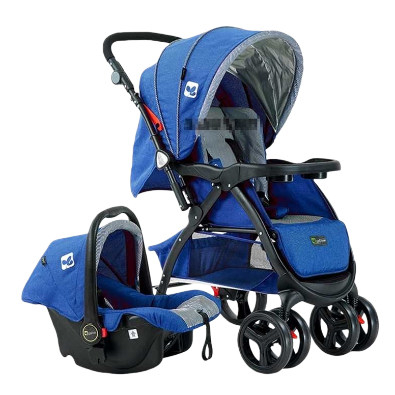 Blue baby stroller with basket safety seat, lightweight folding and reclining newborn travel set Item Picture