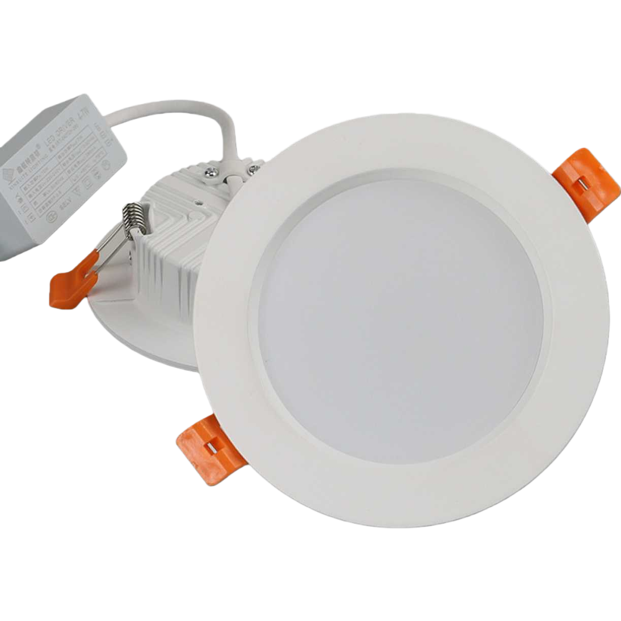 White circular LED downlight strip with orange clips and white driver power supply Item Picture