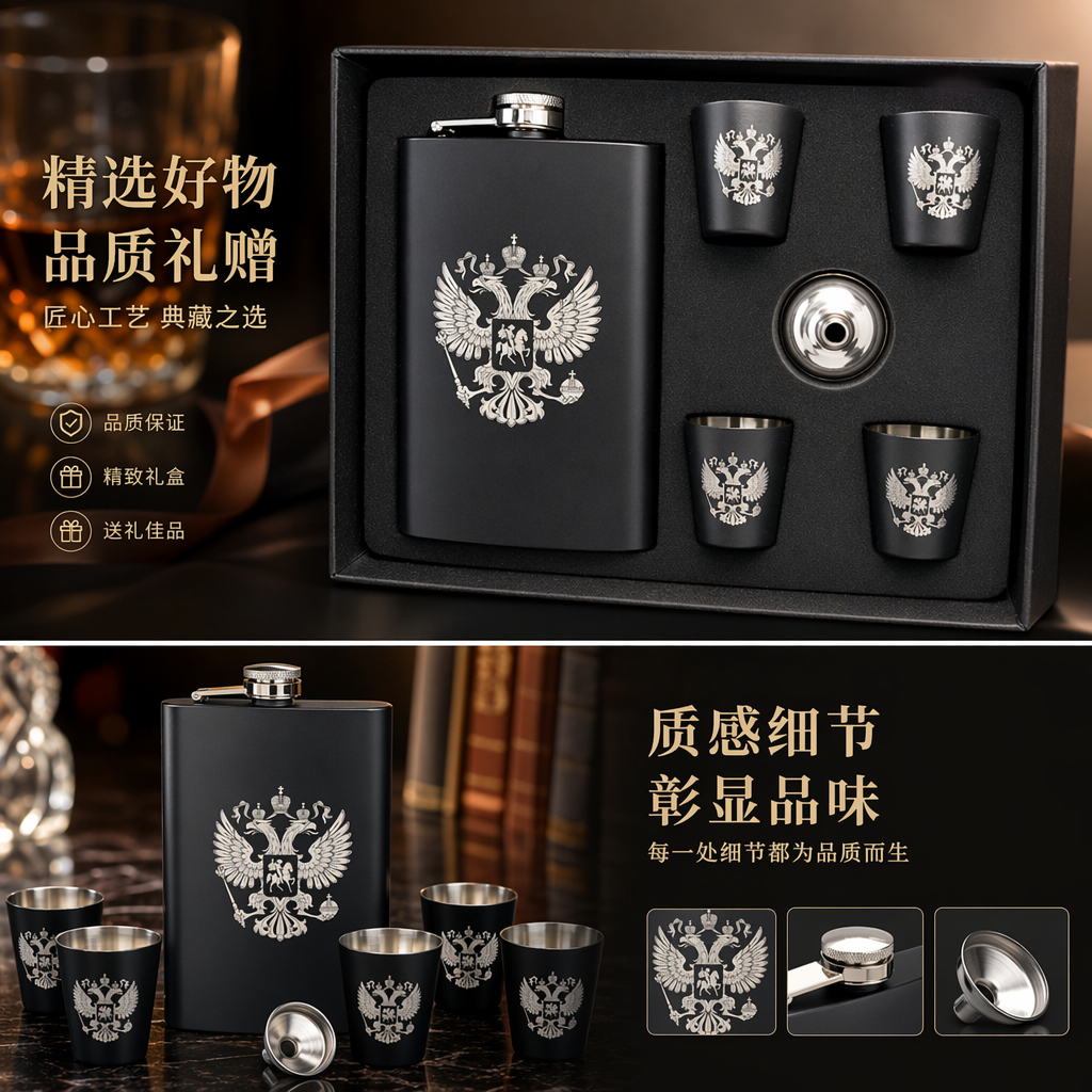 黑色酒具套装 双头鹰徽章金属酒壶配黑釉小杯银色漏斗详情1