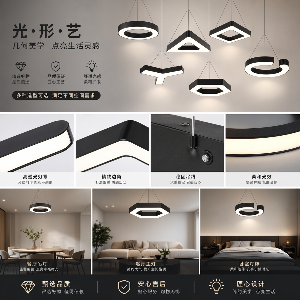 黑色现代简约吊灯 客厅卧室餐厅通用 北欧风吸顶灯具详情1