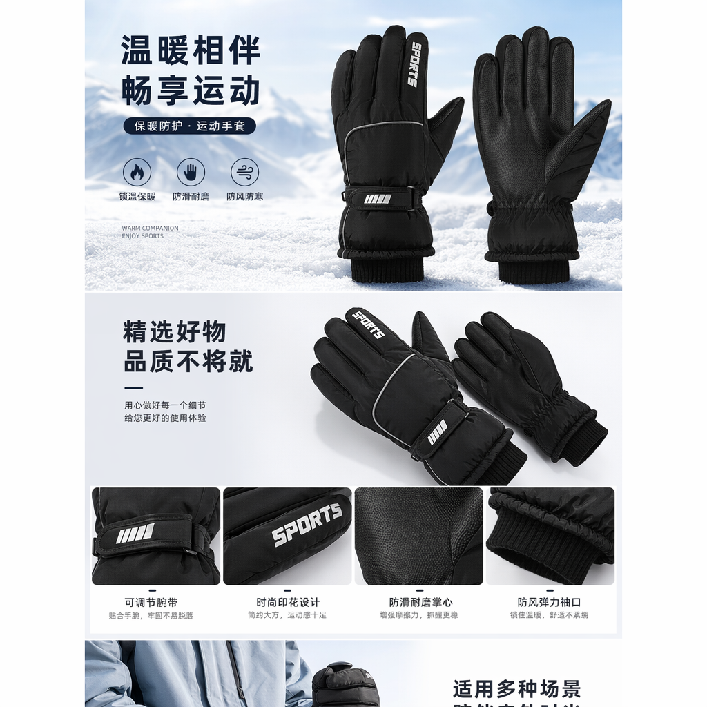 黑色真皮滑雪手套 男女同款防寒耐磨专业级户外运动详情1