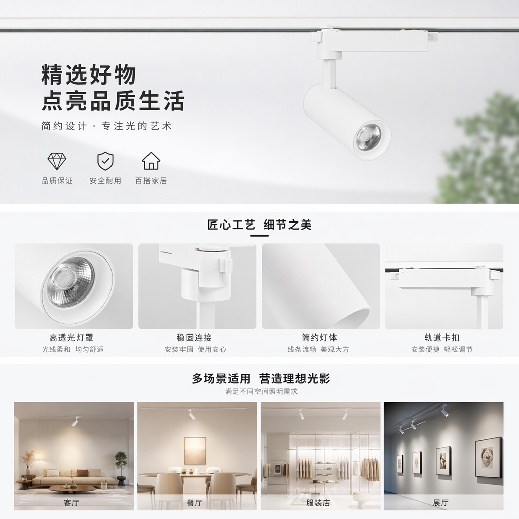 白色轨道射灯 360度旋转可调角 LED嵌入式照明灯具详情1