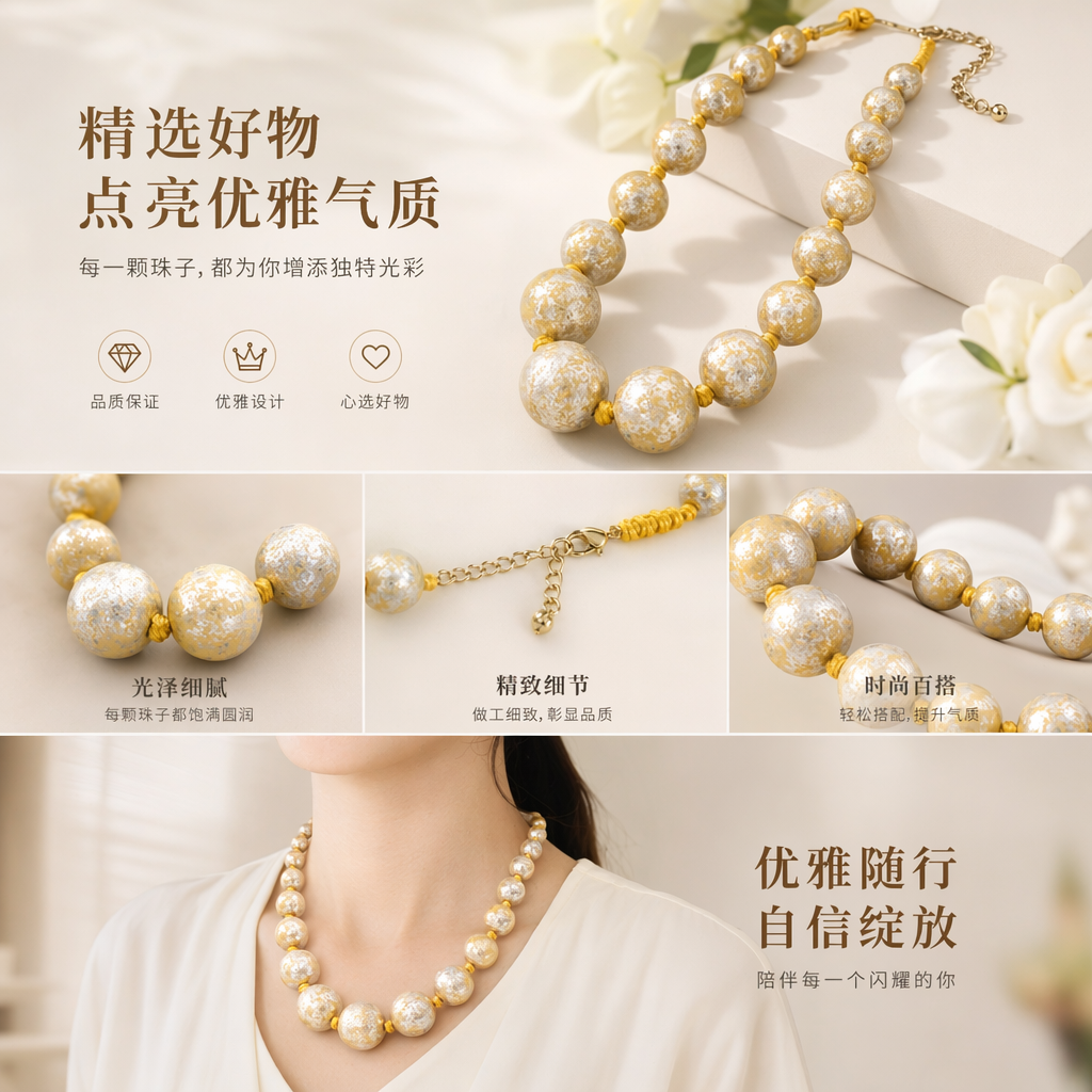 黄灰斑驳珠串项链 时尚复古手工编织长款详情1