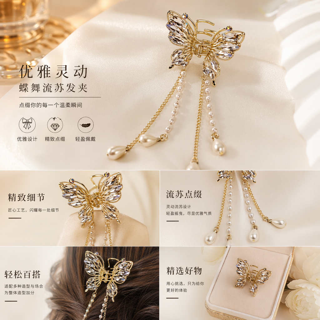 金色蝴蝶造型发夹镶嵌彩色水晶珍珠流苏女士头饰详情1