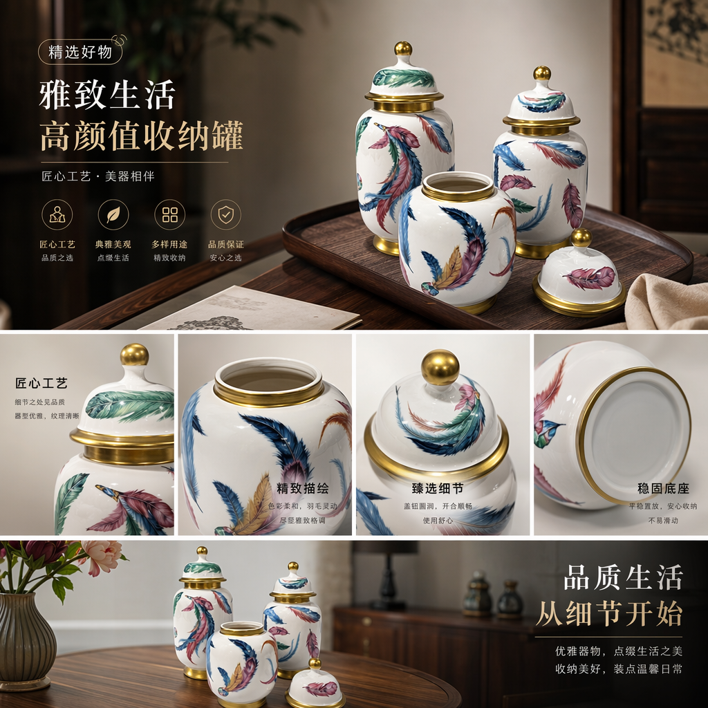 彩色羽毛图案陶瓷罐套装 家居装饰收纳罐 多规格组合详情1