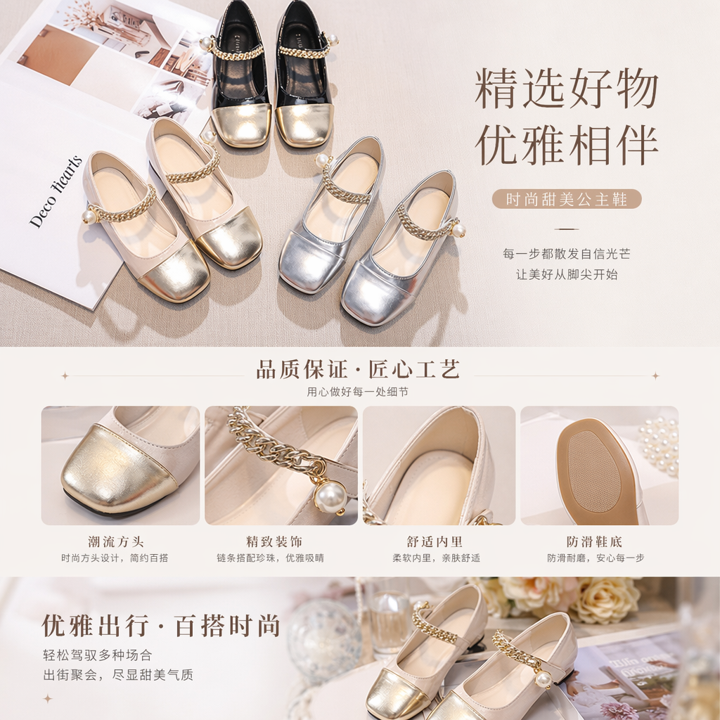 金色珍珠装饰玛丽珍鞋 女士复古圆头粗跟单鞋详情1