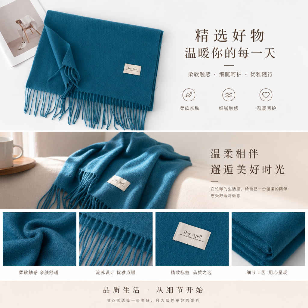 蓝色纯棉围巾 男女同款秋冬保暖长条针织 scarf详情1