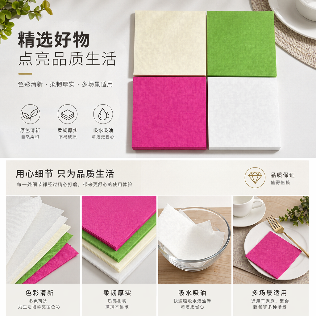 Four-color square tissues, beige, green, pink and white, stacked in four layers, 100% virgin wood pulp, flexible and skin-friendly pic 1