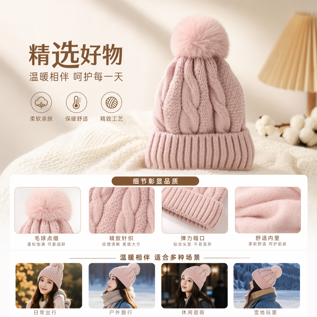 粉色毛线帽 保暖针织女秋冬韩版百搭毛线帽详情1