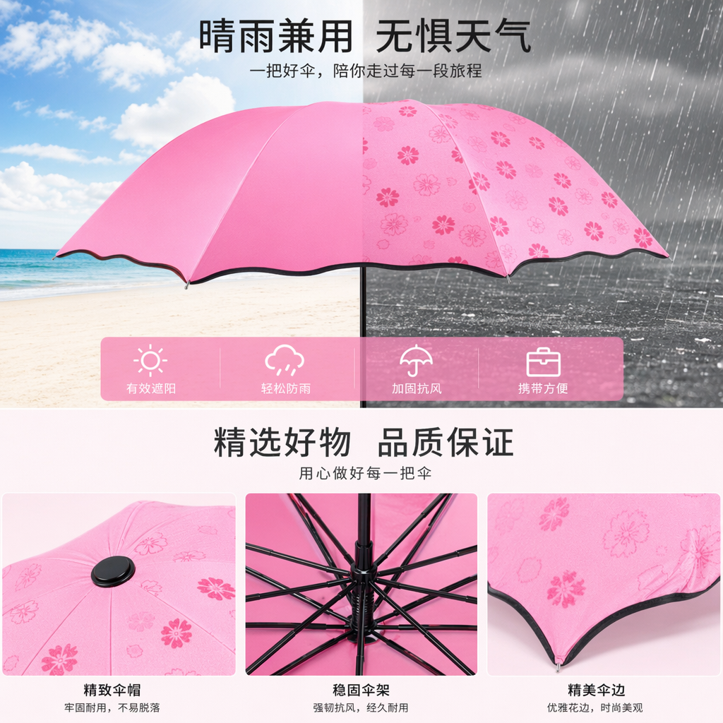 粉色晴雨两用折叠伞 轻便防晒防风女士小伞详情1