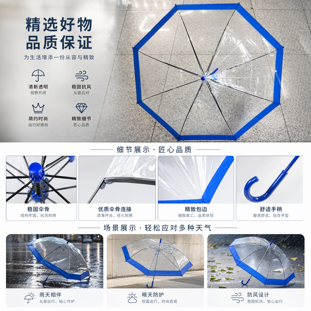 蓝色边框透明雨伞晴雨两用便携防晒防紫外线详情1