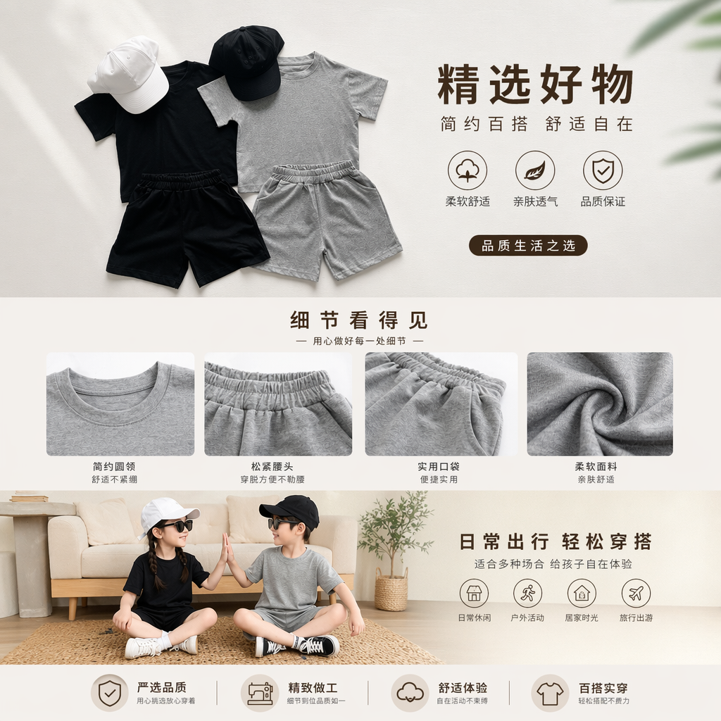 黑白灰三色儿童休闲套装 含T恤短裤棒球帽 童装女童夏季详情1