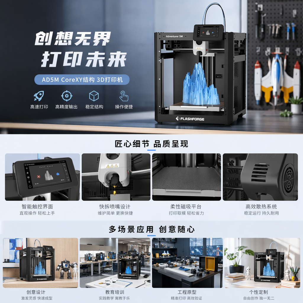 黑色3D打印机主体配蓝色打印件及屏幕显示详情1