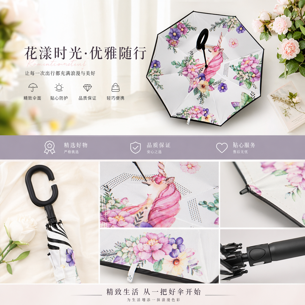 彩色花卉独角兽图案晴雨两用伞详情1