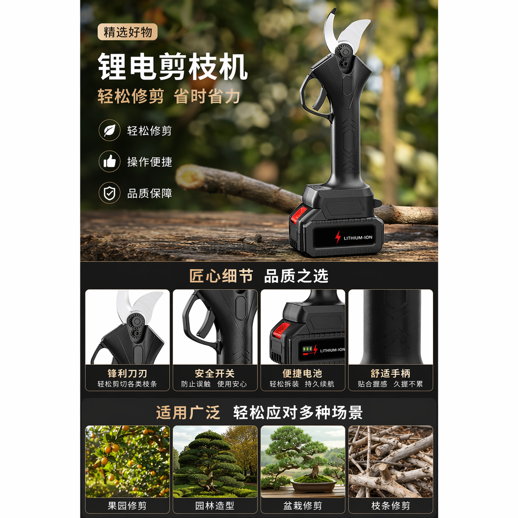 黑色锂电剪枝机主体 便携式充电园林修剪工具详情1