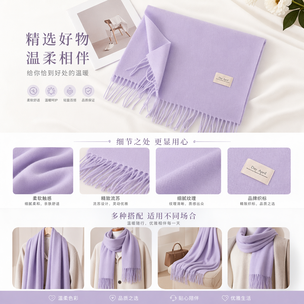 淡紫色羊绒混纺围巾秋冬保暖百搭女士配饰详情1