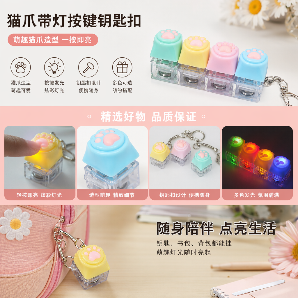 彩色猫爪造型按键钥匙扣 透明底座金属挂环 四键按压发光详情1
