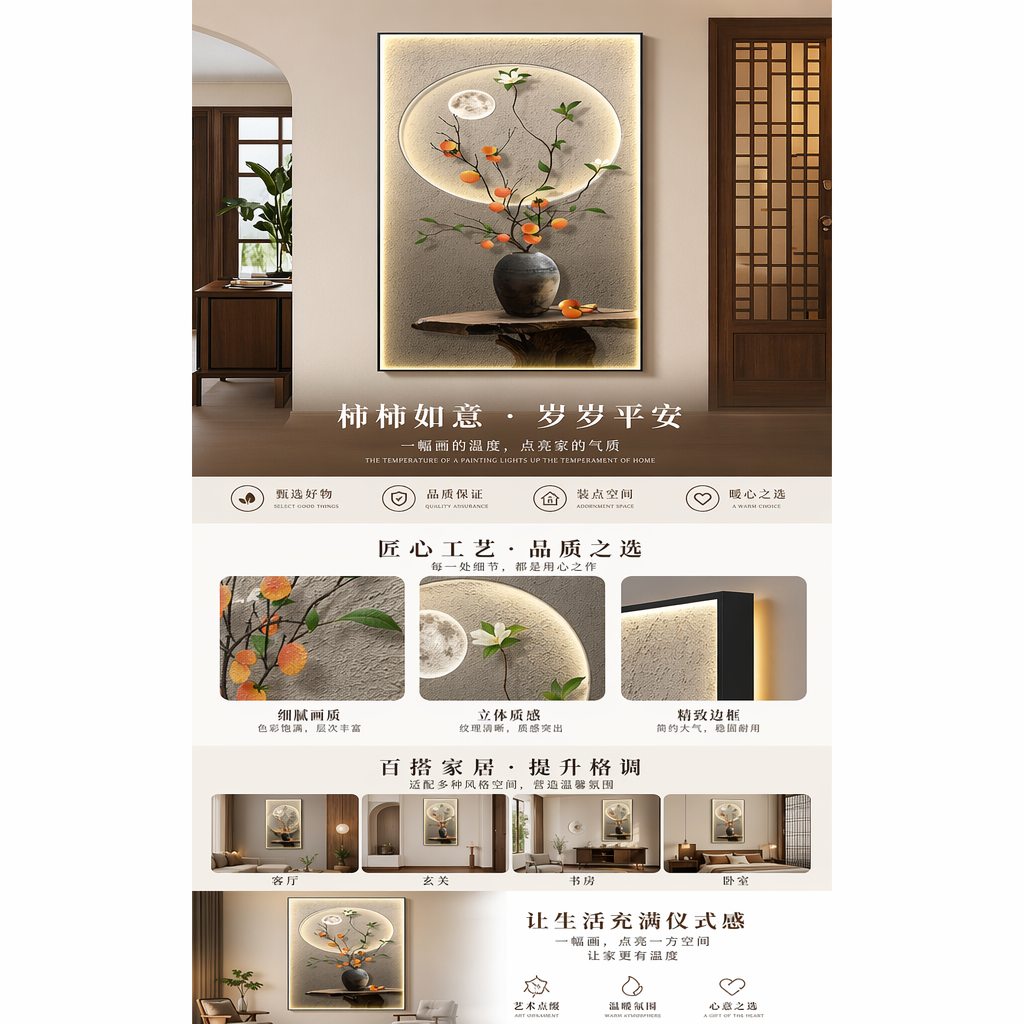 中式意境发光装饰画 柿子枝条陶罐圆月绿叶木质台座详情1