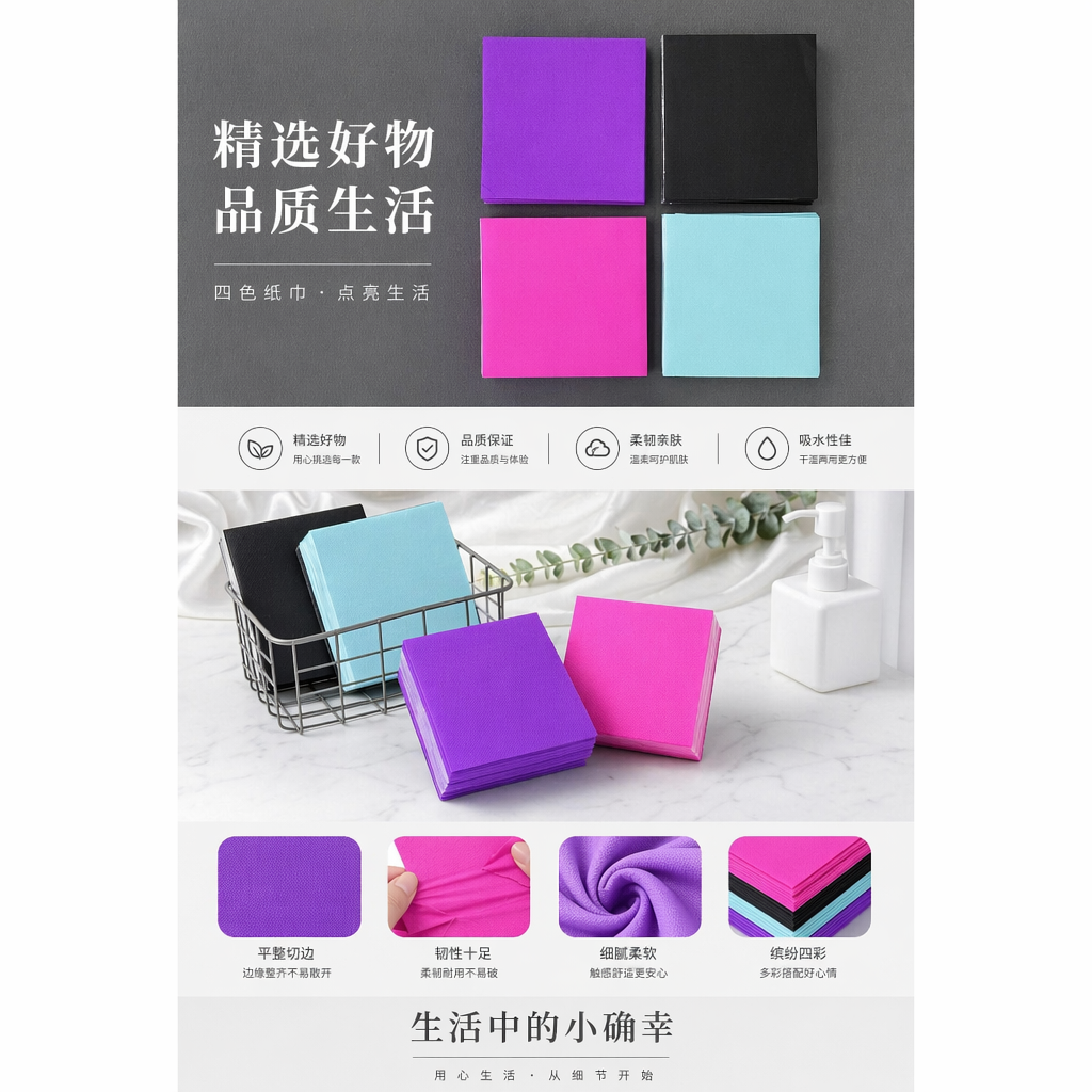 Four stacks of colored tissues, each in purple, black, pink and light blue pic 1