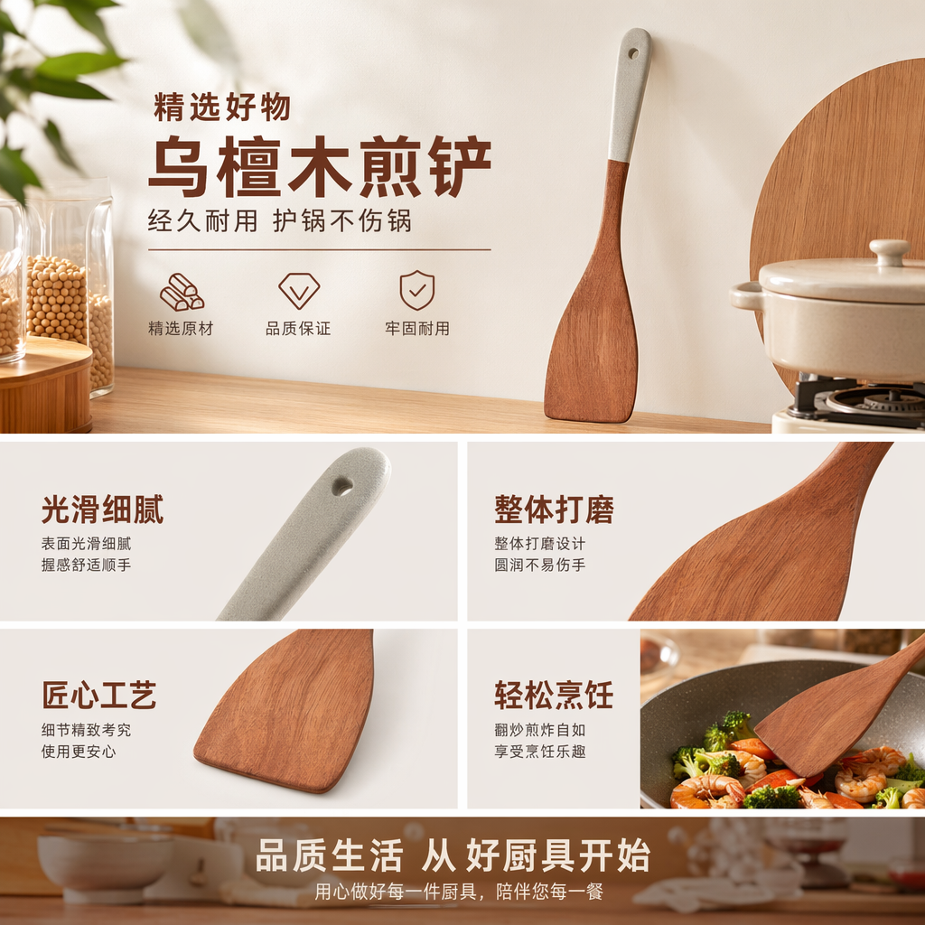棕色乌檀木煎铲 天然实木不粘锅铲 耐高温厨房用具详情1