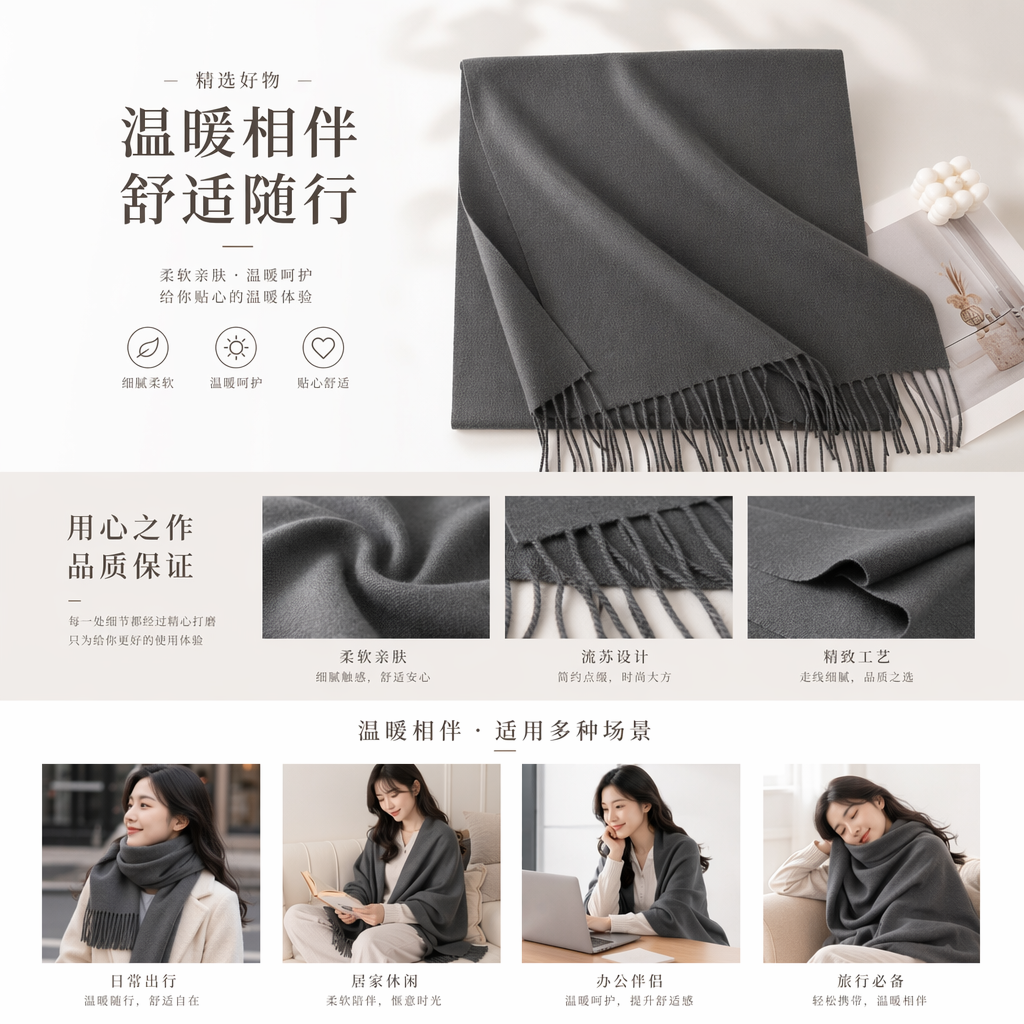 灰色流苏围巾秋冬保暖纯棉针织长款百搭女士详情1
