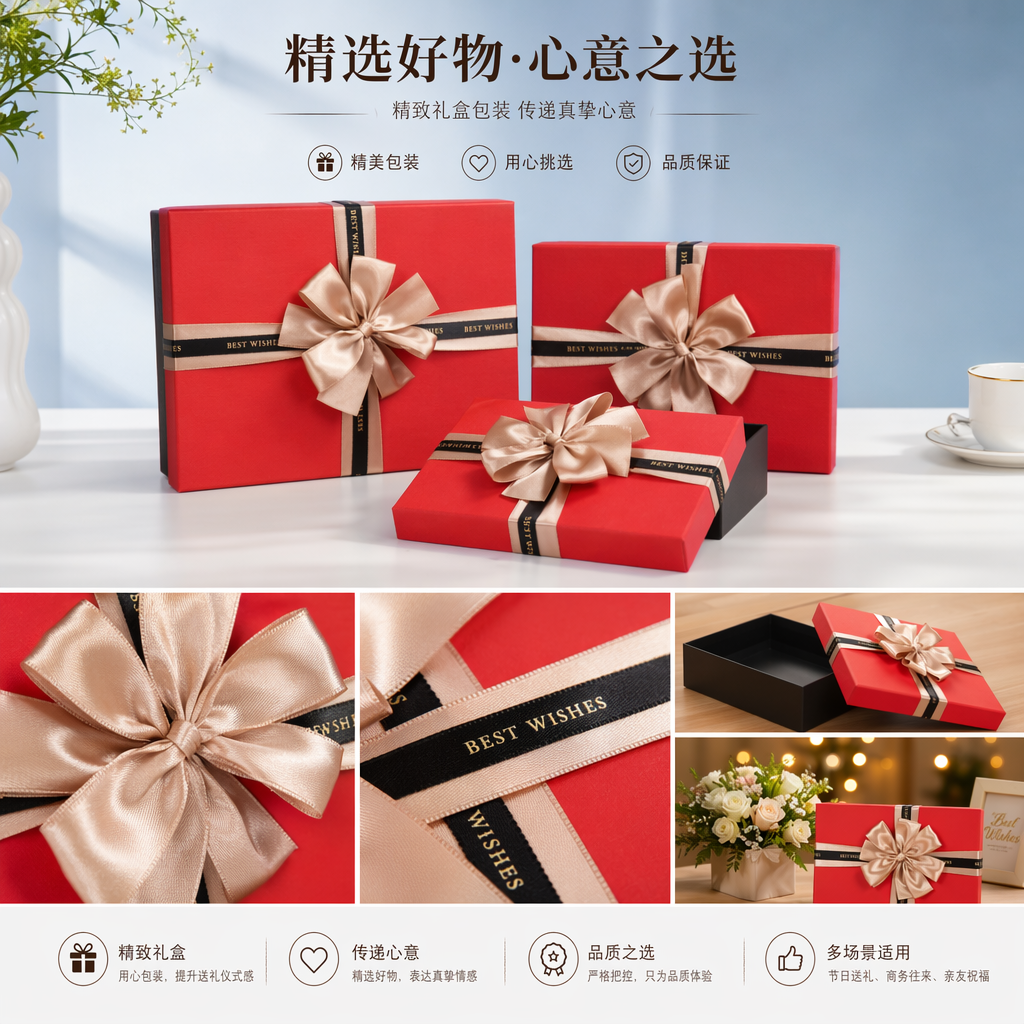 红色礼盒丝带款加厚硬质春节婚庆伴手礼包装盒详情1