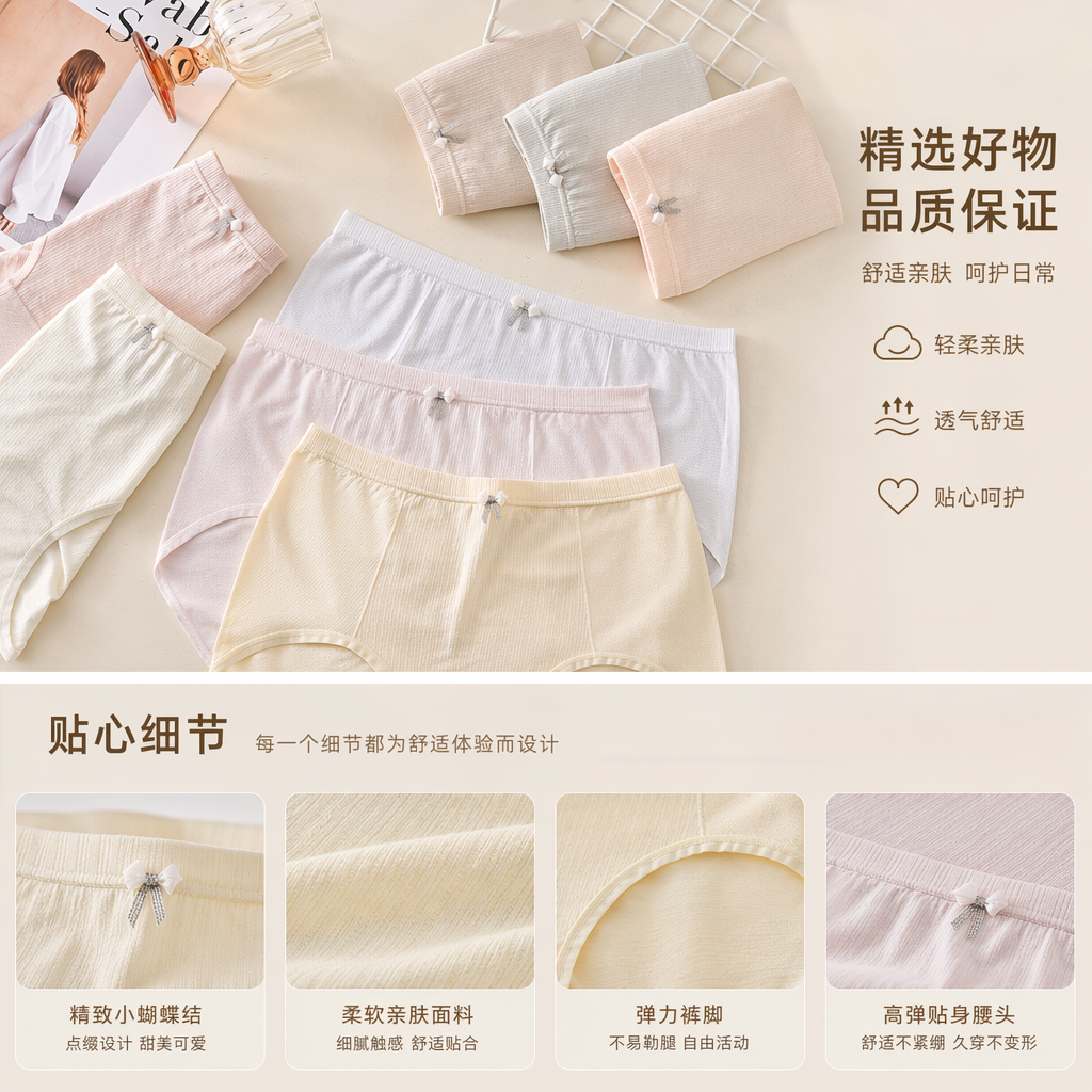 淡黄色女士内裤多色带小蝴蝶结装饰详情1